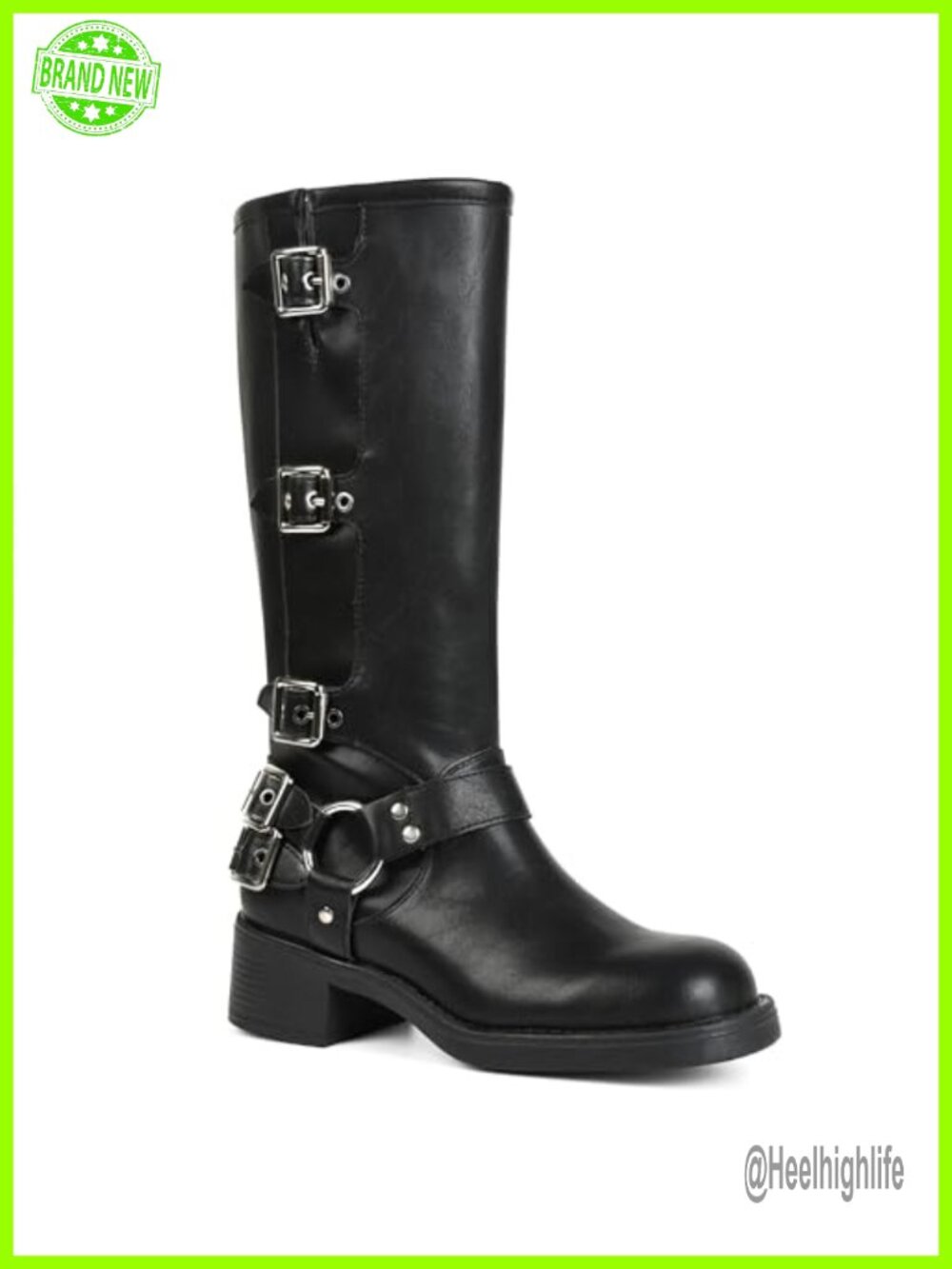 Women's Knee High Moto Biker Boots Chunky Block Heel Buckle Riding Boots